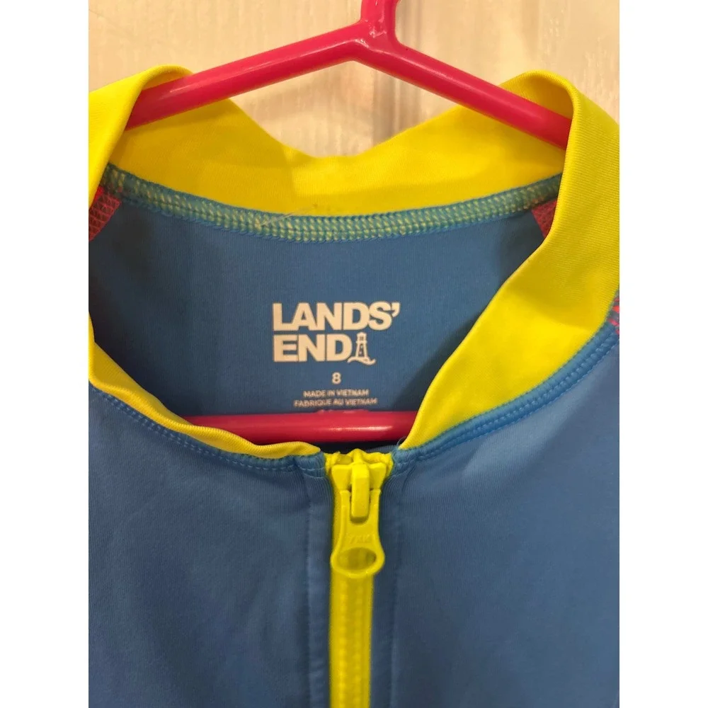 Lands' End Rash Guard One‎ Piece Blue Pink Colorblock Long Sleeve Swimsuit Bin A